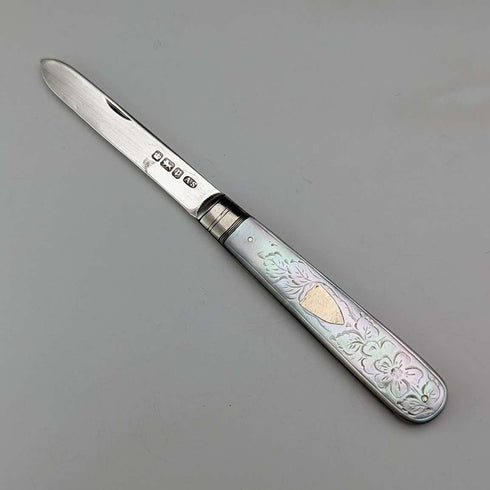 1907 British antique white mother-of-pearl handle, pure silver blade penknife, Arthur Worral Staniforth