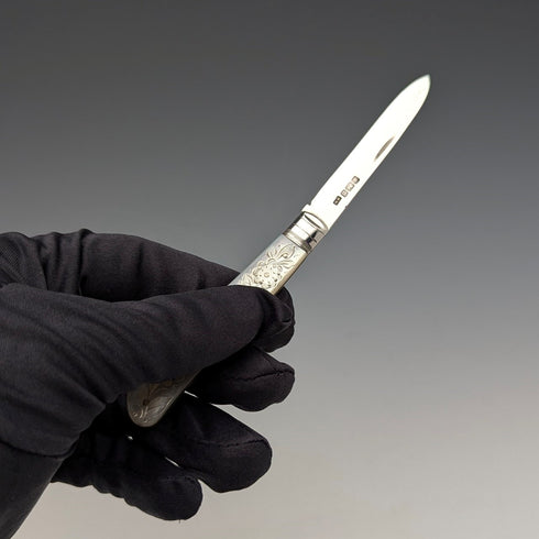 1905 年英國古董白色珍珠手柄純銀刀片小刀 Lee&Wigful