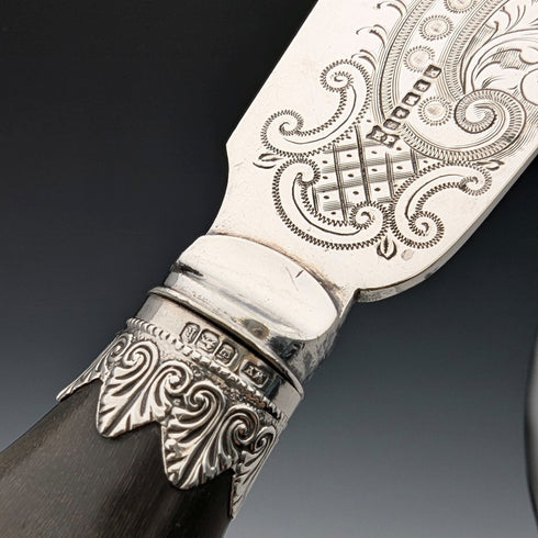 1902 British antique antler-handled fish server set, pure silver decoration, William Yates