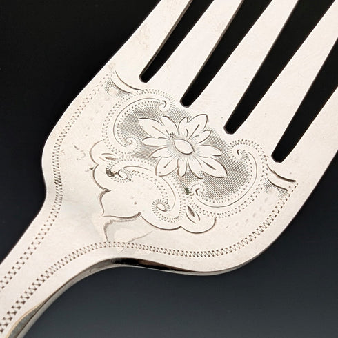 1902 British antique antler-handled fish server set, pure silver decoration, William Yates