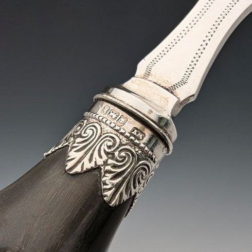 1902 British antique antler-handled fish server set, pure silver decoration, William Yates