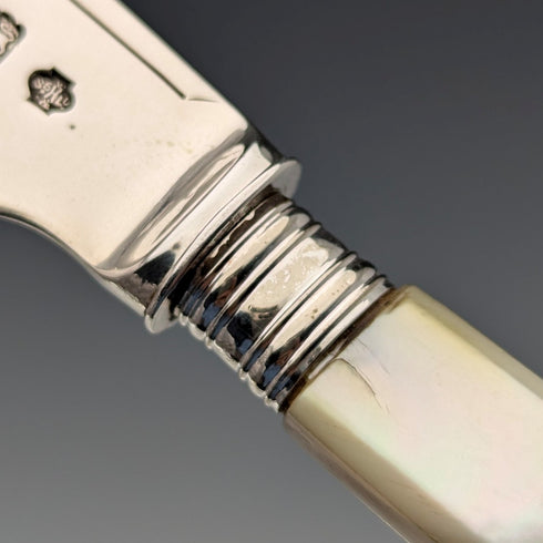 1904年 英国アンティーク 白蝶貝ハンドル 純銀ブレード デザートカトラリー2ペア William Hutton