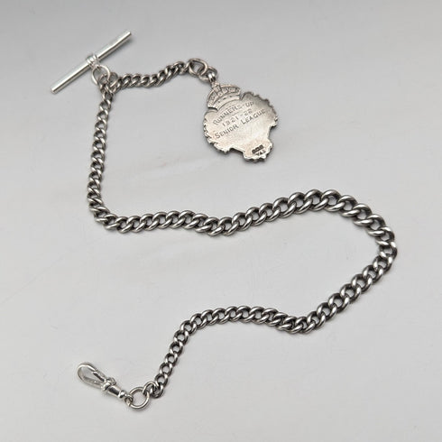 約 1900 年英國古董純銀阿爾伯特鏈 42 克琺瑯裝飾純銀獎章鏈扣