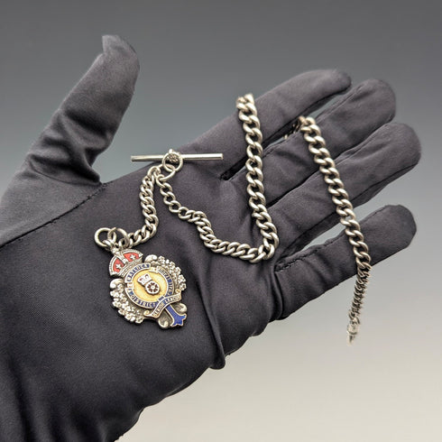 約 1900 年英國古董純銀阿爾伯特鏈 42 克琺瑯裝飾純銀獎章鏈扣