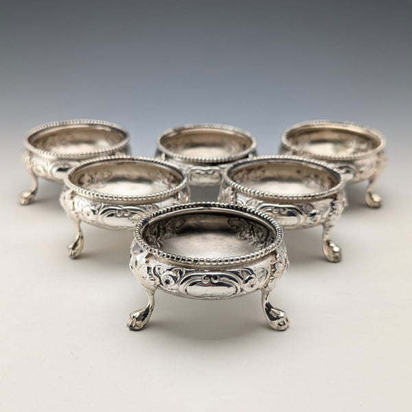 Set of 6 late 19th century British antique silver plate salt dishes