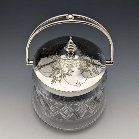 Late 19th Century British Antique Biscuit Barrel with Silver Plate Lid, Kerr & Phillips