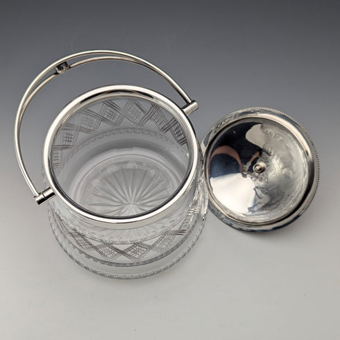 Late 19th Century British Antique Biscuit Barrel with Silver Plate Lid, Kerr & Phillips