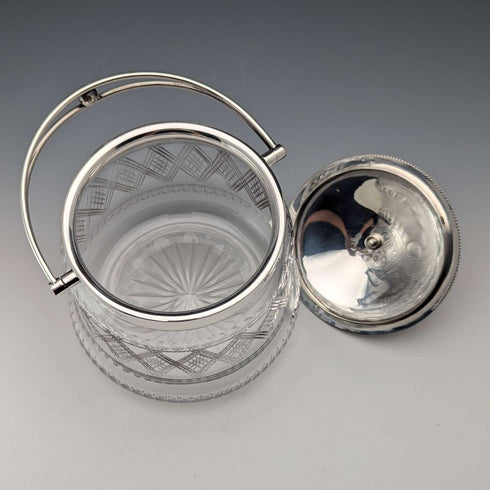 Late 19th Century British Antique Biscuit Barrel with Silver Plate Lid, Kerr & Phillips