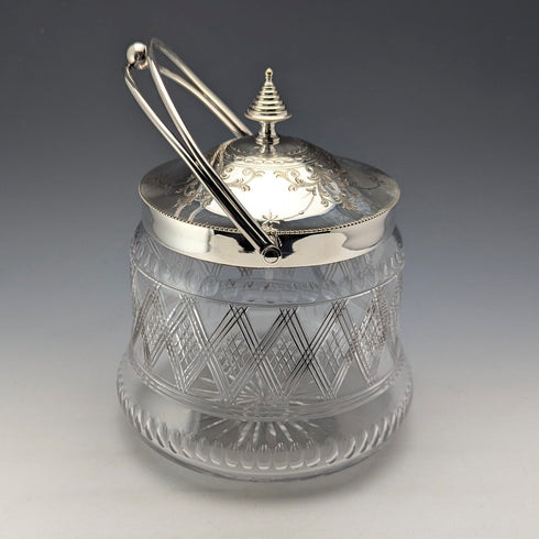 Late 19th Century British Antique Biscuit Barrel with Silver Plate Lid, Kerr & Phillips