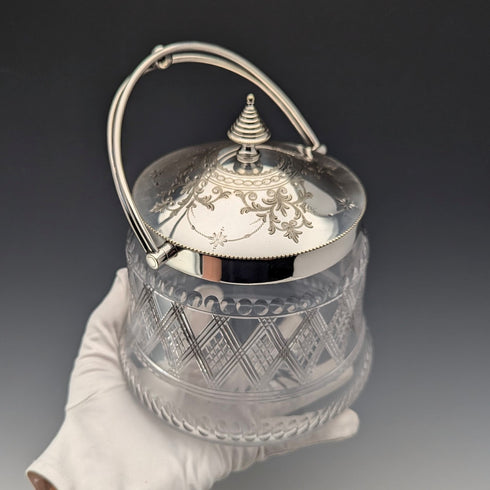 Late 19th Century British Antique Biscuit Barrel with Silver Plate Lid, Kerr & Phillips