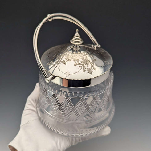 Late 19th Century British Antique Biscuit Barrel with Silver Plate Lid, Kerr & Phillips