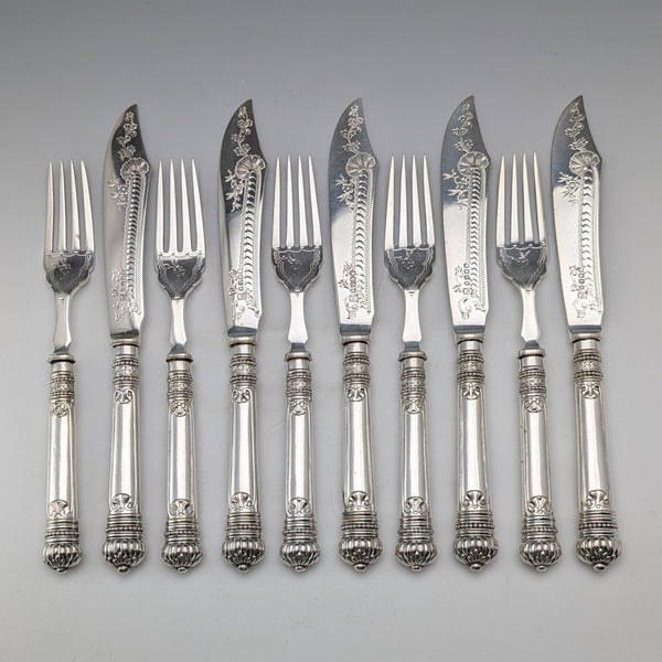 1885 British Antique Silver Plate Fish Cutlery 5 Pair Allen and Darwin