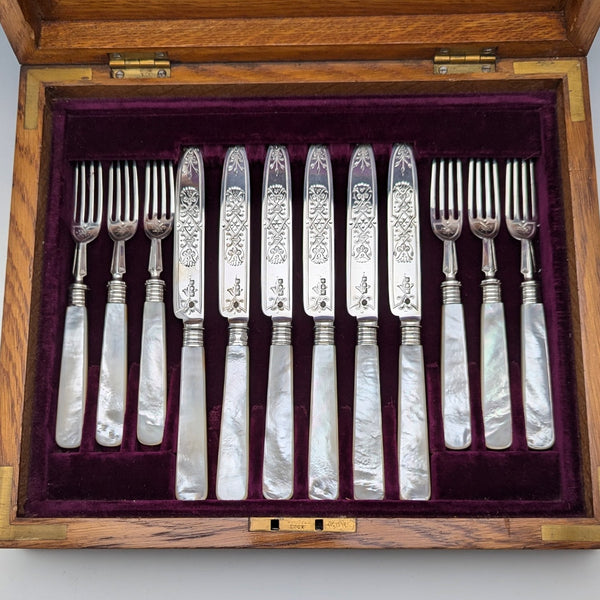 1906 British antique white mother-of-pearl handle, pure silver blade, dessert cutlery, 6 pairs, William Hutton, wooden box