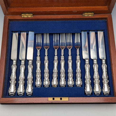 1853年 英国アンティーク 総純銀製 デザートカトラリー6ペア 計537g Francis Higgins II 木箱入り