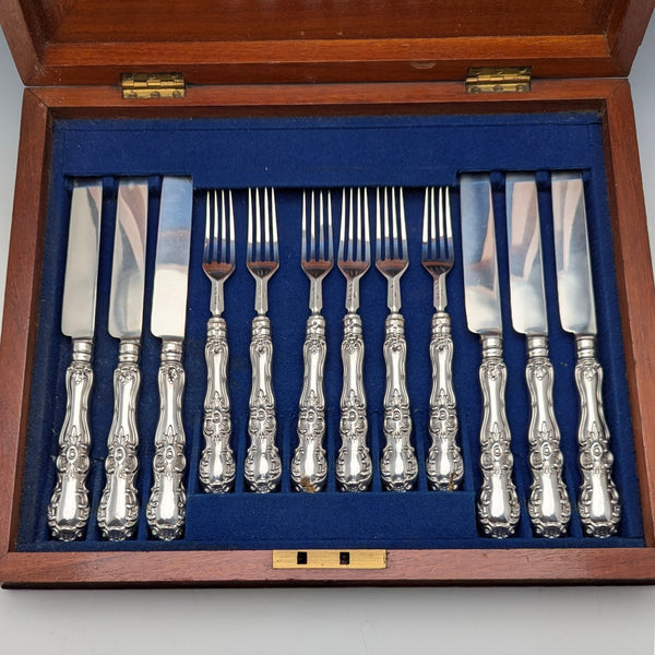 1853 British antique pure silver dessert cutlery, 6 pairs, total weight 537g, Francis Higgins II, wooden box