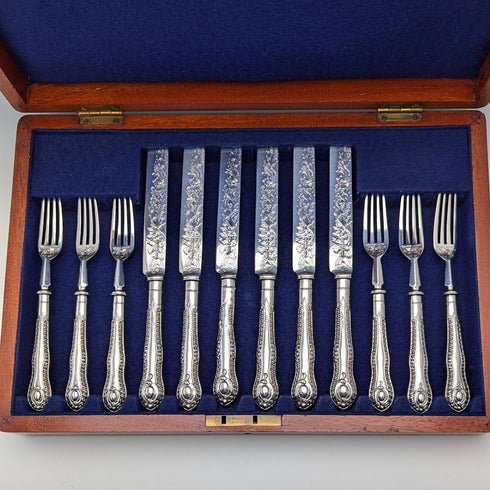 1902年 英国アンティーク 総純銀製 デザートカトラリー6ペア 計466g P Ashberry&Sons 木箱入り