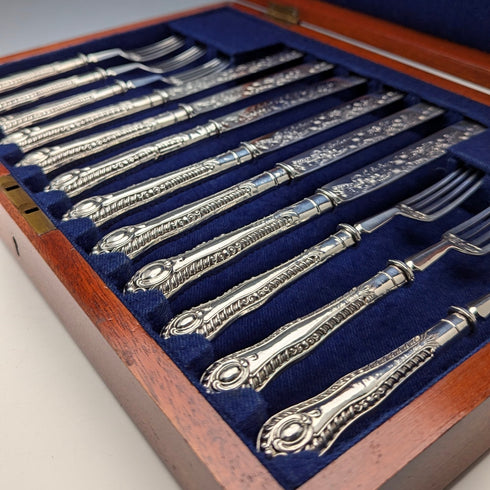 1902年 英国アンティーク 総純銀製 デザートカトラリー6ペア 計466g P Ashberry&Sons 木箱入り