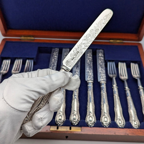 1902年 英国アンティーク 総純銀製 デザートカトラリー6ペア 計466g P Ashberry&Sons 木箱入り