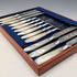 1890 British antique white mother-of-pearl handle dessert cutlery, 6 pairs, Mappin & Webb, with tray