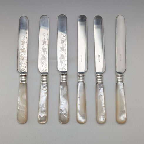 1890 British antique white mother-of-pearl handle dessert cutlery, 6 pairs, Mappin & Webb, with tray