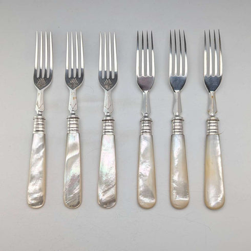 1890 British antique white mother-of-pearl handle dessert cutlery, 6 pairs, Mappin & Webb, with tray