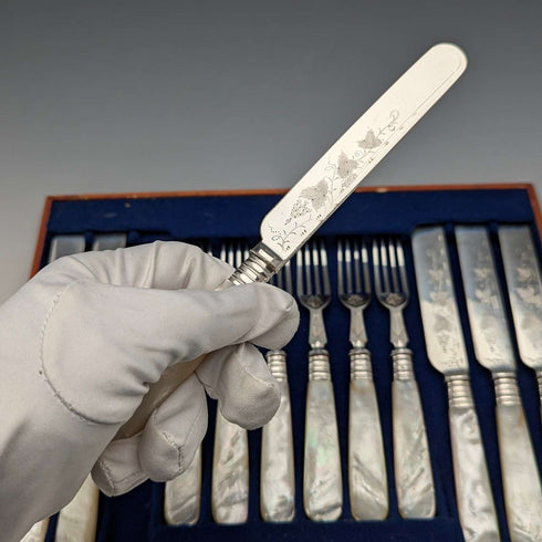 1890 British antique white mother-of-pearl handle dessert cutlery, 6 pairs, Mappin & Webb, with tray