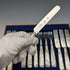 1890 British antique white mother-of-pearl handle dessert cutlery, 6 pairs, Mappin & Webb, with tray