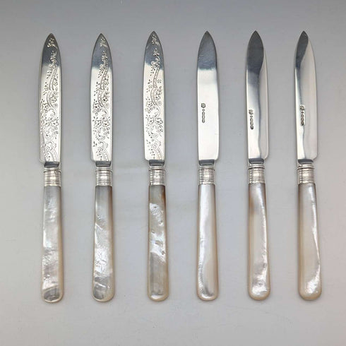 Circa 1903 British Antique White Mother of Pearl Handle Dessert Cutlery Pair of 6 Elkington with Tray