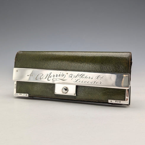 1898 British antique sterling silver decorated small leather wallet with coin purse GH James & Co.