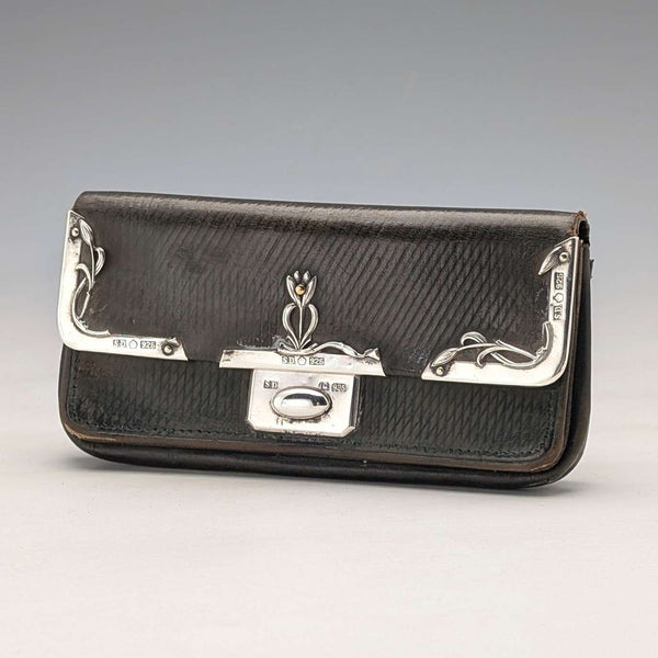 Circa 1905 German antique sterling silver decorated small leather wallet, green leather coin purse SD