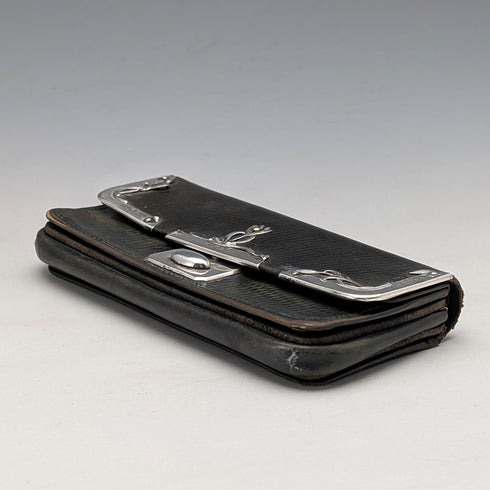 Circa 1905 German antique sterling silver decorated small leather wallet, green leather coin purse SD