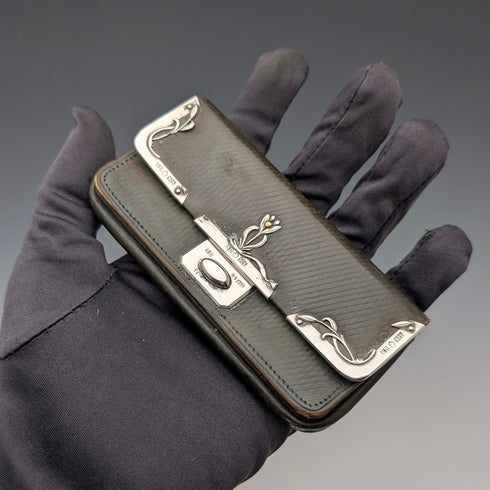 Circa 1905 German antique sterling silver decorated small leather wallet, green leather coin purse SD