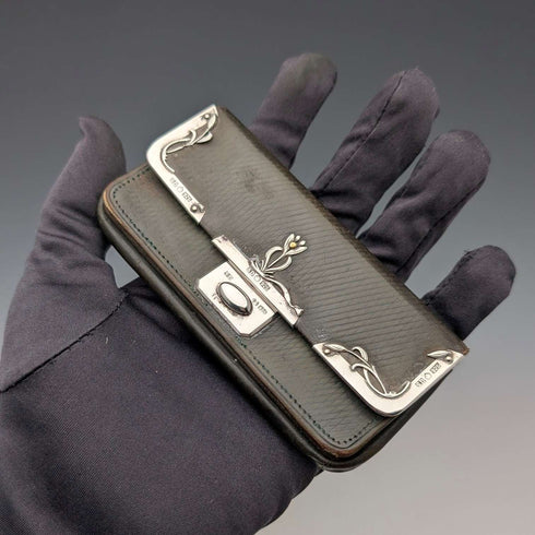 Circa 1905 German antique sterling silver decorated small leather wallet, green leather coin purse SD