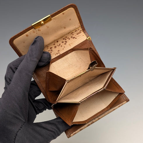 British vintage green leather small wallet with coin purse and gold plated decoration