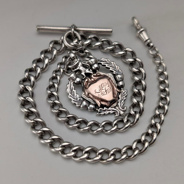 1910年頃 英国アンティーク 純銀製アルバートチェーン 52g 純銀エンブレムフォブ