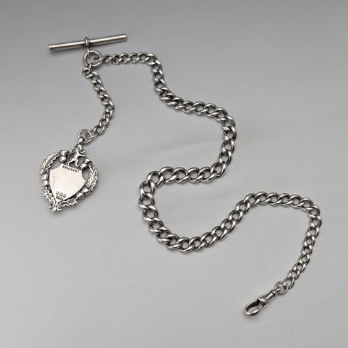 Circa 1910 British antique sterling silver Albert chain, 52g, sterling silver emblem fob