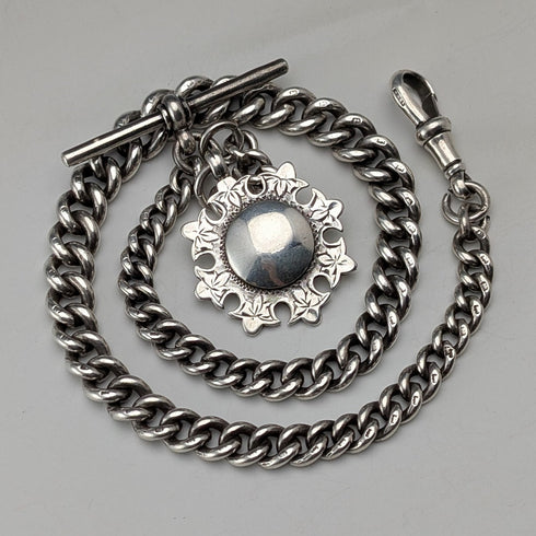 Circa 1910 British antique sterling silver Albert chain, 51g sterling silver medal fob