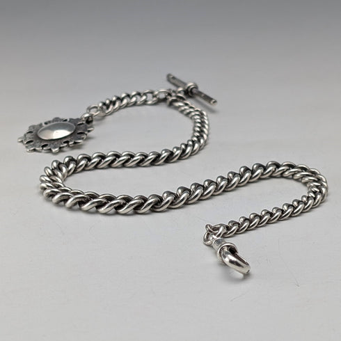 Circa 1910 British antique sterling silver Albert chain, 51g sterling silver medal fob