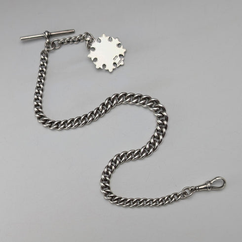 Circa 1910 British antique sterling silver Albert chain, 51g sterling silver medal fob