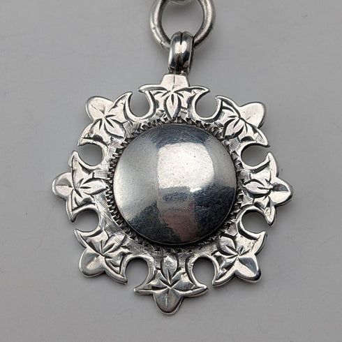 Circa 1910 British antique sterling silver Albert chain, 51g sterling silver medal fob