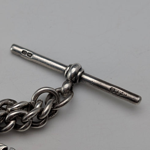 Circa 1910 British antique sterling silver Albert chain, 51g sterling silver medal fob