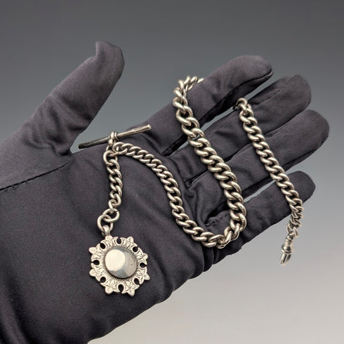Circa 1910 British antique sterling silver Albert chain, 51g sterling silver medal fob