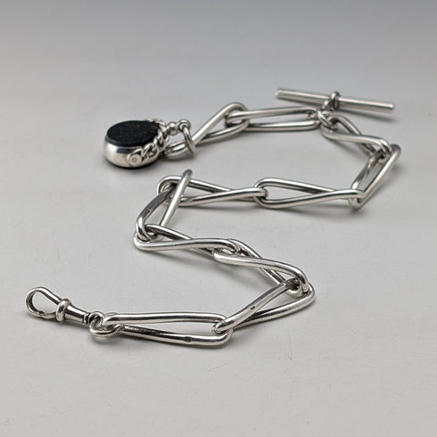 約 1900 年英國古董純銀阿爾伯特鍊 51 克 2 色天然石材旋轉鑰匙圈