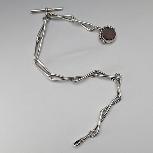 約 1900 年英國古董純銀阿爾伯特鍊 51 克 2 色天然石材旋轉鑰匙圈