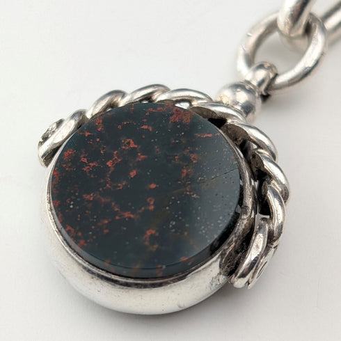 約 1900 年英國古董純銀阿爾伯特鍊 51 克 2 色天然石材旋轉鑰匙圈