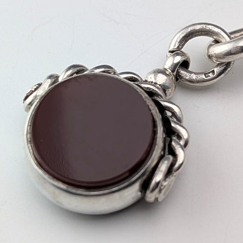 約 1900 年英國古董純銀阿爾伯特鍊 51 克 2 色天然石材旋轉鑰匙圈