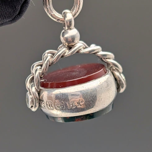 約 1900 年英國古董純銀阿爾伯特鍊 51 克 2 色天然石材旋轉鑰匙圈