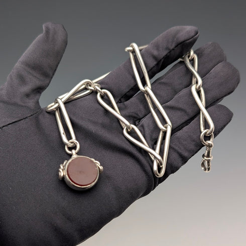 約 1900 年英國古董純銀阿爾伯特鍊 51 克 2 色天然石材旋轉鑰匙圈