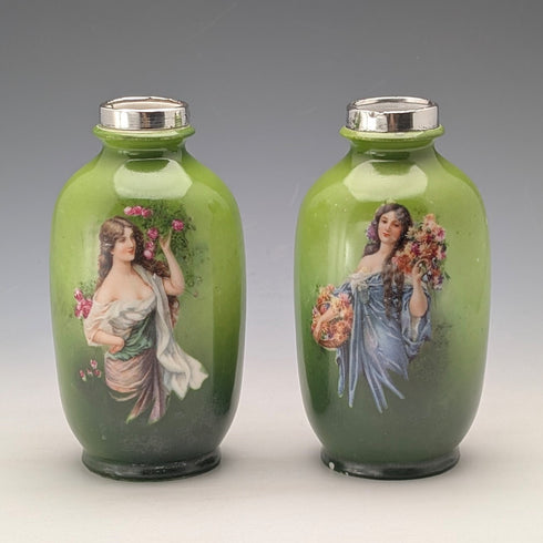 1910 British antique ceramic woman painted flower vase pair with pure silver decoration