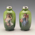 1910 British antique ceramic woman painted flower vase pair with pure silver decoration